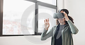 Young woman using virtual reality headset at home panoramic banner, VR, future gadgets, technology, virtual event