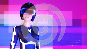 a young woman using a virtual reality headset in metaverse (3d rendering