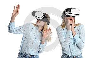 Young woman using virtual reality headset on white background, collage