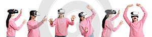 Young woman using virtual reality headset on white, collage. Banner design