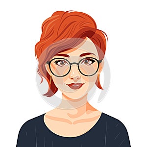 Young woman vector illustration, red hair, glasses, smiling, confident. Female avatar