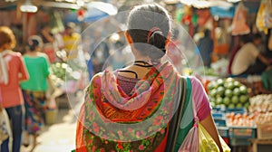 A young woman with a vibrant scarf dd over shoulders turns away from the camera arms filled with bags and packages from