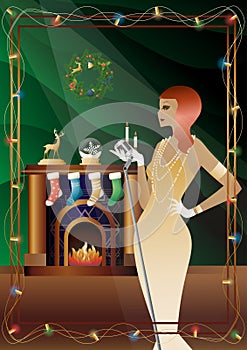 young woman in a vintage dress with a retro microphone at the fireplace