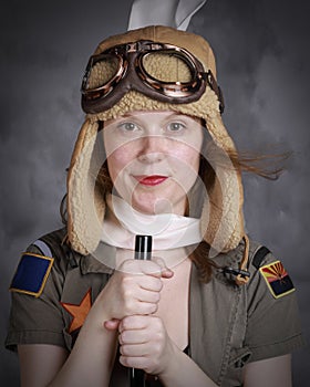 Young Woman in Vintage Pilot Gear