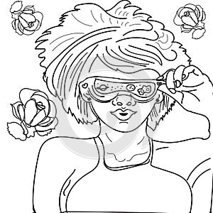 Young woman in virtual nature surroundings, for coloring adult page or vector illustration for a website landing page