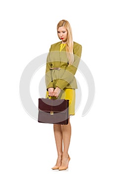 Young woman in vivid jacket and with briefcase