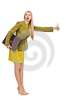 Young woman in vivid jacket and with briefcase