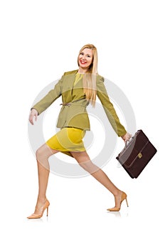 Young woman in vivid jacket and with briefcase