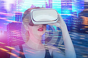 Young woman in vr glasses in city