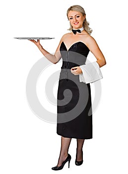 Young woman waiter with a tray on white