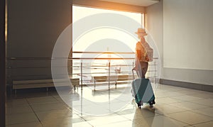 young woman waiting for flying at airport at window with suitcase