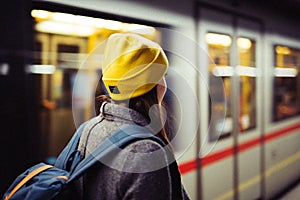 Young woman waits at the metro station while the train arrrives. Transportation and travel concept