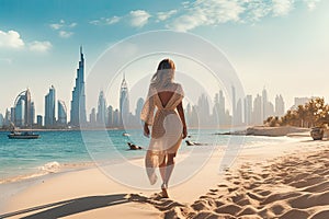 Young woman walking on the beach with Dubai city skyline in the background, A beautiful woman walking on the beach in Dubai. In