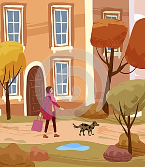 Young woman walking dog in the autumn city park. Autumn fall mood. Vector illustration banner, poster, banner, postcard,