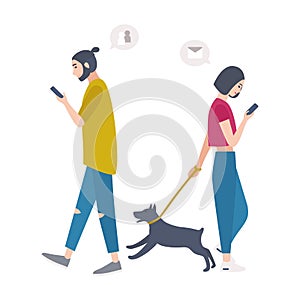 Young woman walking dog on leash and man passing by each other, looking at their mobile phones and checking social