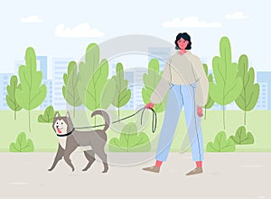 Young woman walking with dog outdoor in the park, healthy active lifestyle. Colorful flat cartoon  Illustration for service