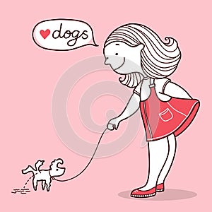 Young woman walking dog. Vector hand drawn pink card illustration with teenager girl and dog greeting card