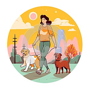 Young woman walking with dogs. Dog Walking Service. Cartoon vector illustration