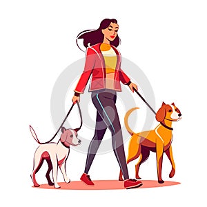 Young woman walking with dogs. Dog Walking Service. Cartoon vector illustration