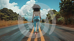 Young woman walking down a scenic road, surrounded by nature. carefree adventure and exploration. casual attire, daytime