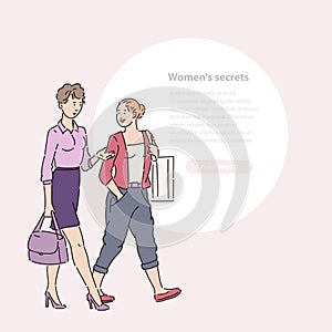 Young woman walking down street and talking. Walk and chat two women friends in summer time vector line art illustration