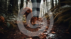 Young woman walking with her dog in the forest. Hiking in the woods