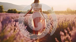 Young Woman Walking in Lavender Field on Sunny Day. Partial View of Girl Wearing Pink Dress in Row of Blooming Flower. Natural