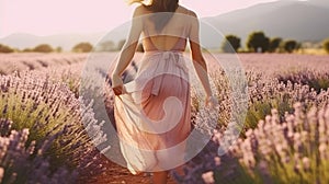 Young Woman Walking in Lavender Field on Sunny Day. Partial View of Girl Wearing Pink Dress in Row of Blooming Flower. Natural