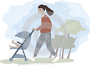 Young woman walking with a light stroller. Mother and child walk in the park in