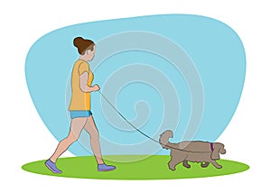 Young woman walking with pet dog. Dog walker. Friendship. Dog walking concept. Vector illustration