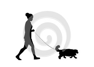 Young woman walking with pet dog. Dog walker. Friendship. Dog walking concept. Vector illustration. Black silhouette