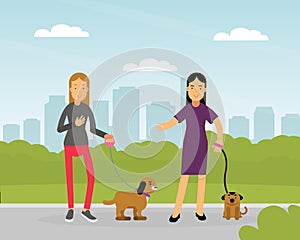 Young Woman Walking Pet Dog on Leash Vector Illustration