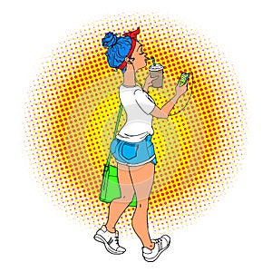 Young woman walking with phone in headphones pop art retro vector illustration. Comic girl with blue hairs and coffee