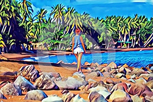 Young woman walking on tropical beach. Summer vacation colorful digital illustration.