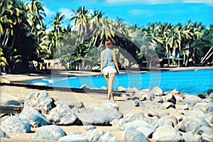 Young woman walking on tropical beach. Summer vacation digital illustration.