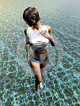 Young woman walking in water