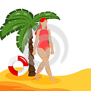 A young woman walks on the beach. Girl in a red swimsuit on the sand. Vector flat illustration.