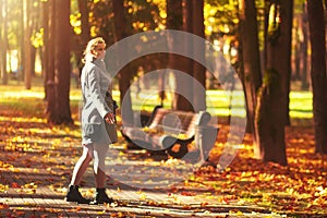Young woman walks at colorful autumn park. Sunny afternoon in autumnal forest park. Girl relaxes in vivid park