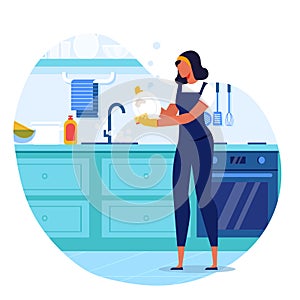 Young Woman Washing Dish Flat Vector Illustration