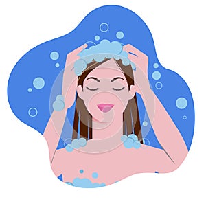 Young woman washing hair and head with shampoo in bathroom. Hygiene procedures. Flat cartoon vector illustration