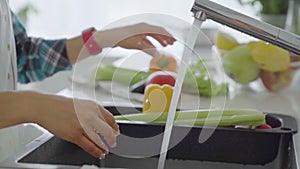 Young woman washing vegetables