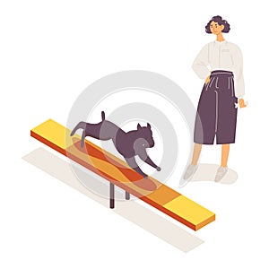 Young woman watching her dog training on teeter-totter agility equipment. Vector characters isolated on white