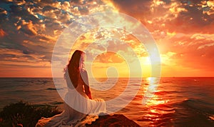 Young Woman Watching Sunset in a Beach in a Romantic Style