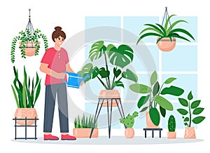 Young woman watering decorative potted house plants.
