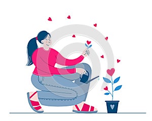 Young woman is watering flower in a pot. Heart-shaped flower symbolizes love. Illustration in a flat style