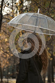 Young woman with wavy long hair stands under transparent umbrella. Girl in black cloak walk in park. Back view