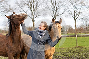 Young woman in a wax coat with her two 1 year old stallions in the pasture. Two curious horses heads