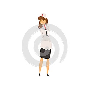 Young Woman Weaing White Coat and Cap Standiing with Stethoscope, Female Doctor or Nurse Character Vector Illustration