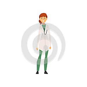 Young Woman Weaing White Coat Standiing with Stethoscope, Female Doctor Character Vector Illustration
