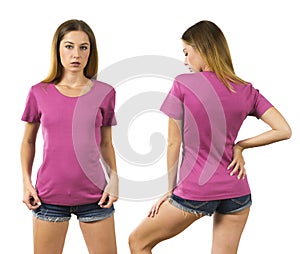 Young woman wearing blank pink shirt